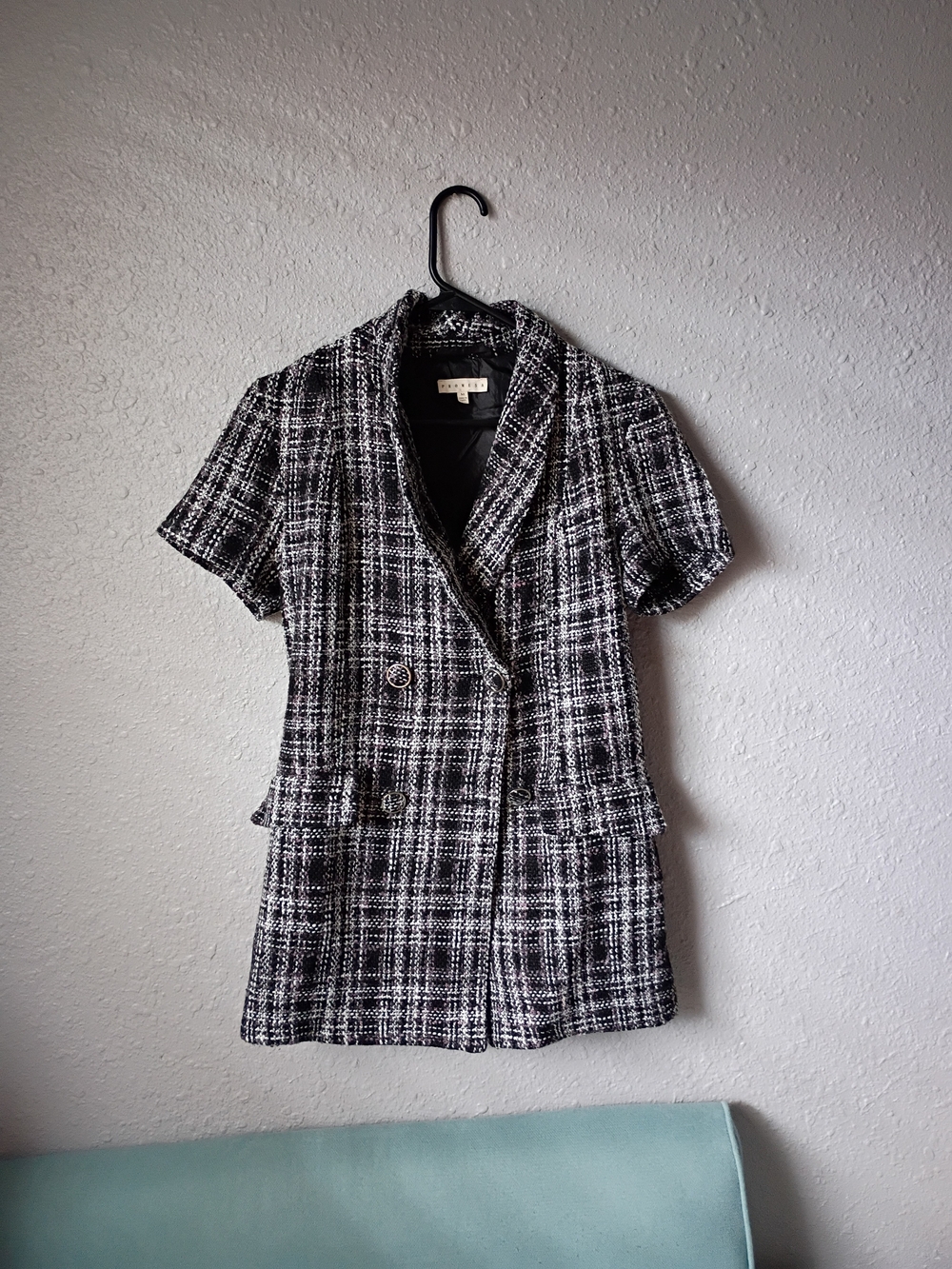 Promesa Black, White & Pink Short Sleeve Tweed Blazer